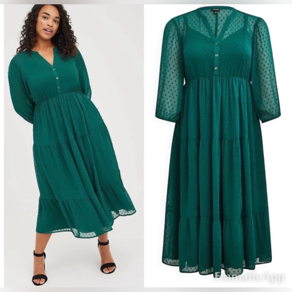 Torrid Emerald Green Chiffon Dress | Clip Dot | Tiered - NWT